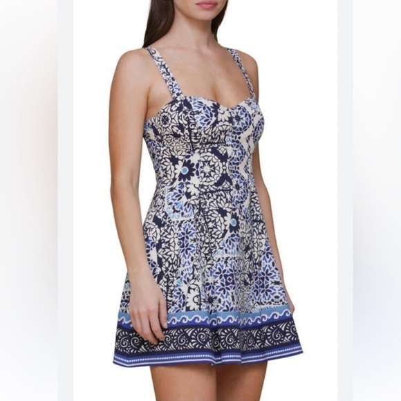 Avec Les Filles Sweetheart Neck Cotton Mini Sundress In Blue and White size 8 - Picture 2 of 10